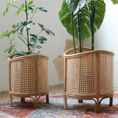 北欧手工藤编花篮花架客厅阳台落地盆栽植物摆放置物架装 饰花盆架
