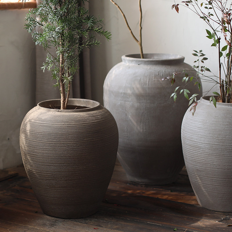 仿陶罐镁泥落地花盆大口径复古做旧花器南天竹竹子松千层木茶馆,家居饰品,花盆,淘宝优惠券,粉丝福利购,淘宝优惠卷