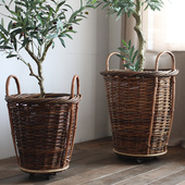 天然柳编花器花盆落地可移动带滚轮龙舌兰千层木绿植盆栽装 饰花篮