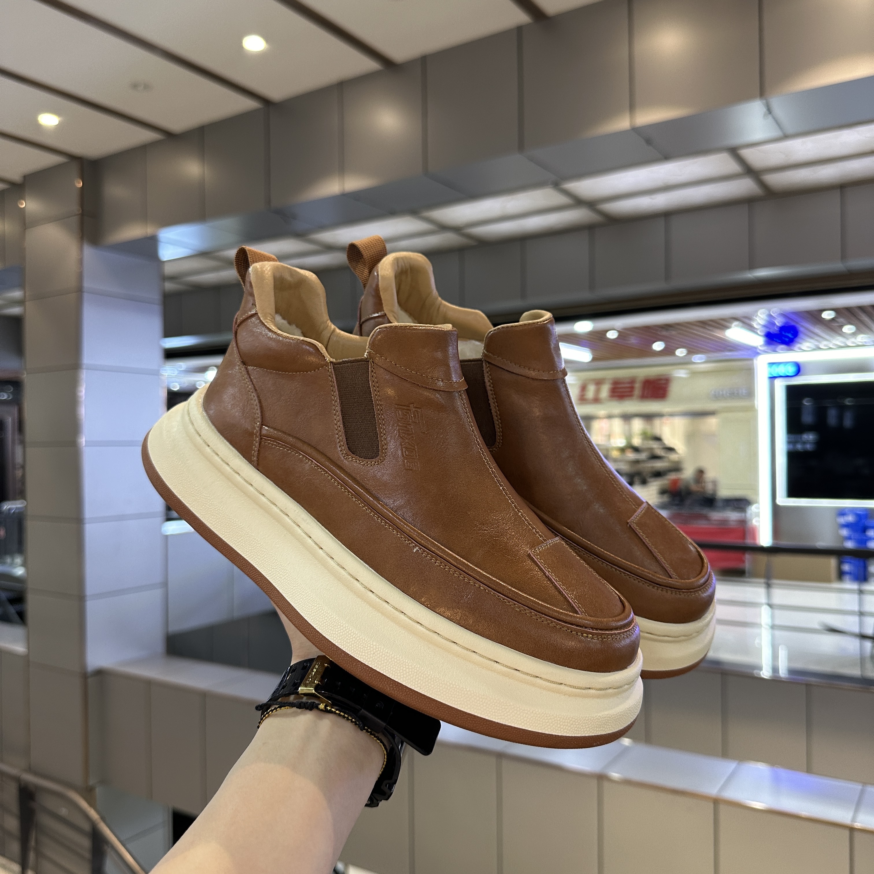 厚底棕色短靴皮面休闲板鞋