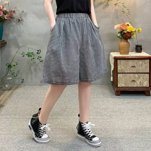 夏季薄款棉麻格纹短裤女休闲宽松宽腿裤遮肉遛弯裤五分裤复古中裤
