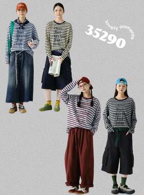 女装2025秋款新T恤35290休闲文艺日系宽松圆领条纹长袖打底衫上衣