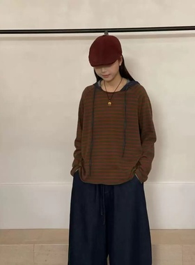 女装2025秋冬新T恤35619休闲文艺复古宽松圆领条纹拼色打底上衣女