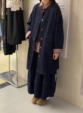 女装2025秋新外套35728休闲文艺日系宽松圆领复古中长款牛仔外套