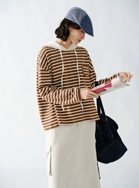 i木2025秋款新品连帽条纹长袖T恤35383 休闲文艺日系宽松显瘦上衣