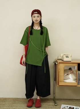 女装2025夏新款T恤35165休闲文艺日系宽松不规则系带圆领短袖上衣