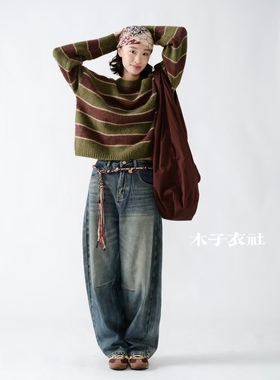 女装2025秋款新圆领长袖毛衣35502休闲文艺日系宽条纹百搭条纹女