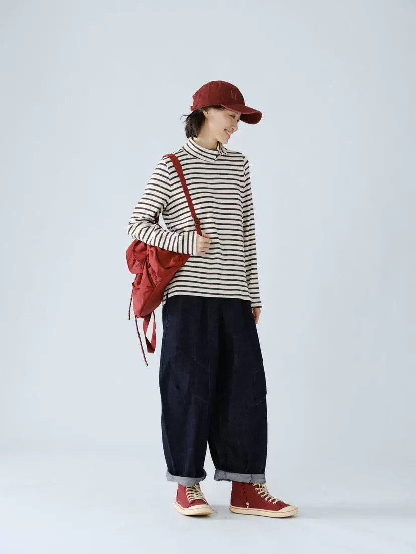 讠木女装2025秋冬新打底衫35580休闲文艺宽松显瘦半高领条纹T恤女