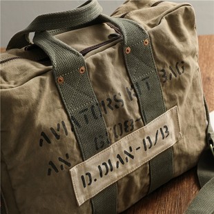 重工水洗做旧帆布旅行袋复古男士 飞行员手提包二战军风单肩斜跨包