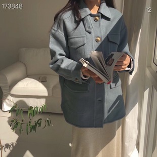 纯元出口韩单双面羊绒大衣韩版中长款呢子减龄毛呢外套女雾霾蓝