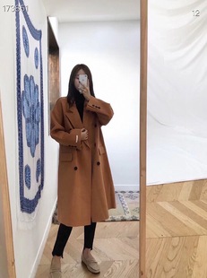 出口韩单高品质100%羊毛双面手缝呢子大衣女中长款宽松外套金驼色