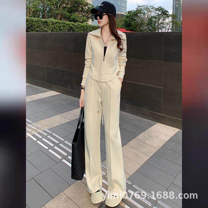 高级休闲新两件套时尚翻领运动套装春季感拉链潮女刺绣裤腿卫衣阔