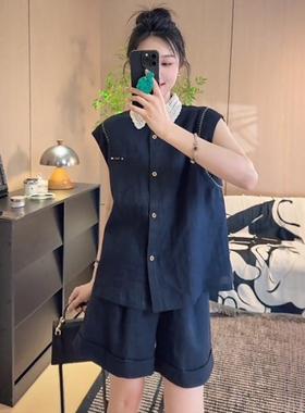 显瘦短裤简约套装9592衬衫两件套时尚宽松现货休闲百搭夏无袖女