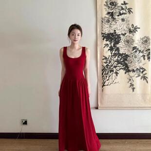 U到连衣裙领长裙无袖大脚踝赫本锈露背风复古加长绝美红色高腰摆