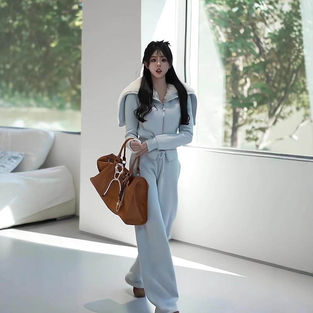 两件套站开衫筒蓝色女装拉链风直时尚一整套卫衣运动欧洲长裤蓝色