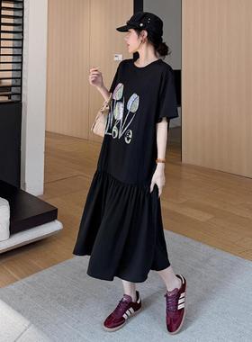 66218大码现货重工缎面烫裙摆新款拼接钻短袖宽松夏连衣裙