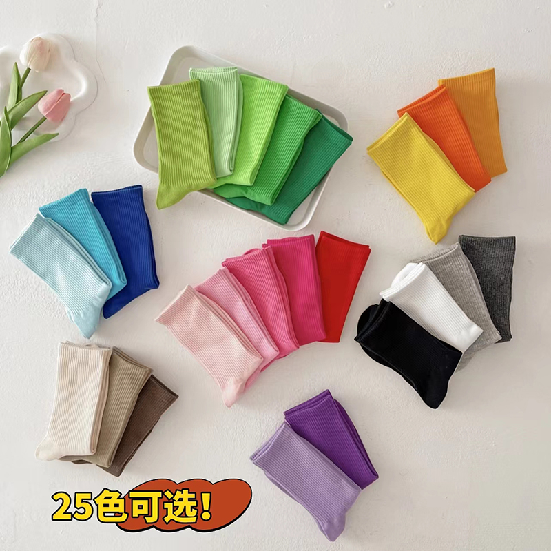 彩色袜子女中筒袜多巴胺糖果色堆堆袜秋冬纯棉运动长筒白色袜