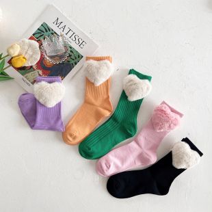 原创春夏超大爱心毛绒中筒袜子女网红ins潮BV绿色纯棉短靴堆堆袜