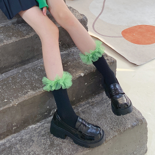 春夏手工荧光绿蓬蓬花边纯棉中筒袜子女鲨鱼皮裤 堆堆袜 外穿网红款