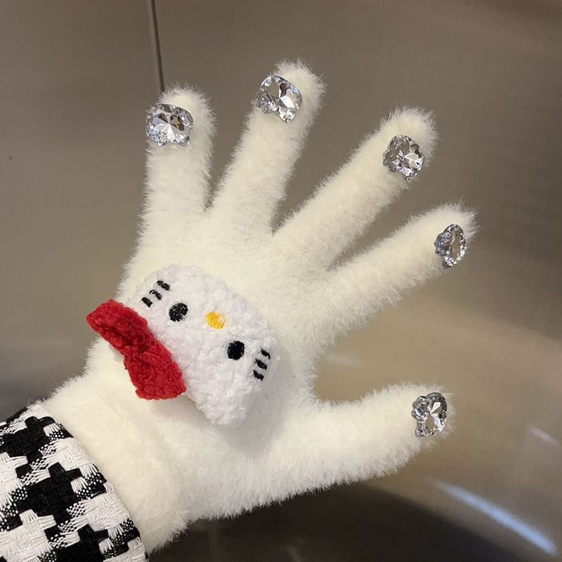 helloKitty美甲水钻保暖五指手套