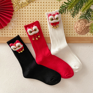 铃铛喜庆儿童本命年红色中筒袜子纯棉可爱醒狮新年一家三口亲子袜