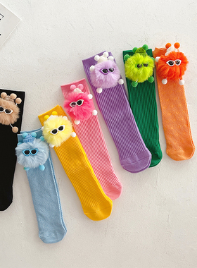 玩偶ins潮宝宝儿童中筒袜子可爱毛球公仔紫色BV绿纯棉走秀小腿袜