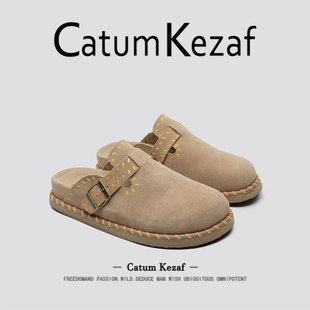 復古軟木一腳蹬包頭拖鞋 男女秋季 美國CatumKezaf翻毛皮厚底勃肯鞋