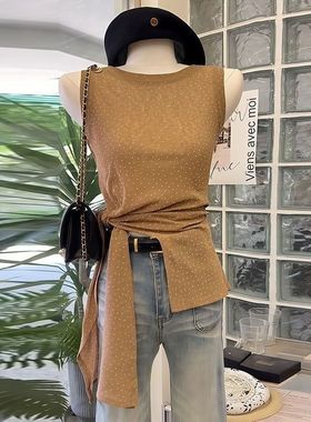 夏季款穿搭气质小众不撞款修身高级感黄色无袖系带减龄女T恤上衣