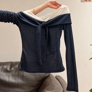 网纱拼接上衣长袖 女设计感早秋款 t恤 显瘦v领一字肩打底衫 撞色修身