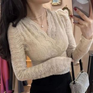 加密磨毛泡泡袖 加厚V领打底蕾丝衫 韩版 新款 蕾丝上衣潮 女2025冬季