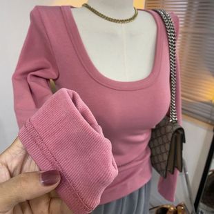 显瘦U型领螺纹长袖 韩系气质简约高级感打底衫 修身 新款 T恤上衣 秋季