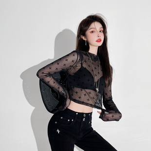 防晒衣性感网纱长袖 十字印花短款 T恤女 剪镖外贸折扣女装 捡漏特价