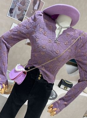 气质纯欲辣妹套装女秋冬新款紫色V领磨毛打底蕾丝衫pu桃心