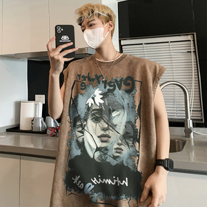 美式做旧水洗背心男大码人物涂鸦印花无袖短袖T恤男B289-BX11-P35图片
