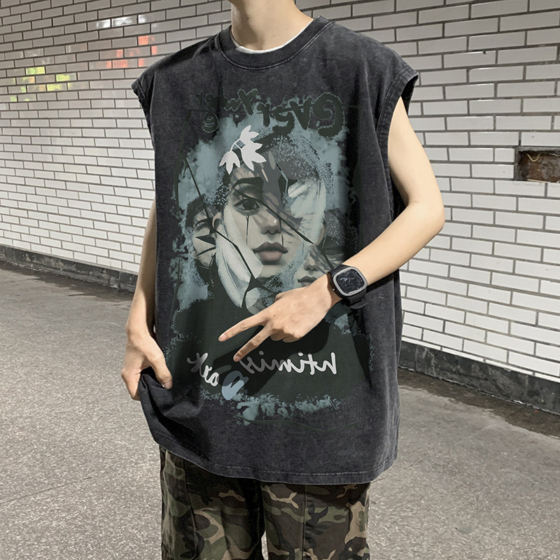 抖音供货、230克现货水洗棉印花宽松版无袖背心B289-BX11-P35图片