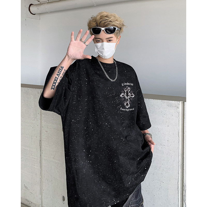 重磅T恤男夏季水洗做旧满天星短袖十字架美式高街体恤衫H6633-P48,男装T恤,电商B289