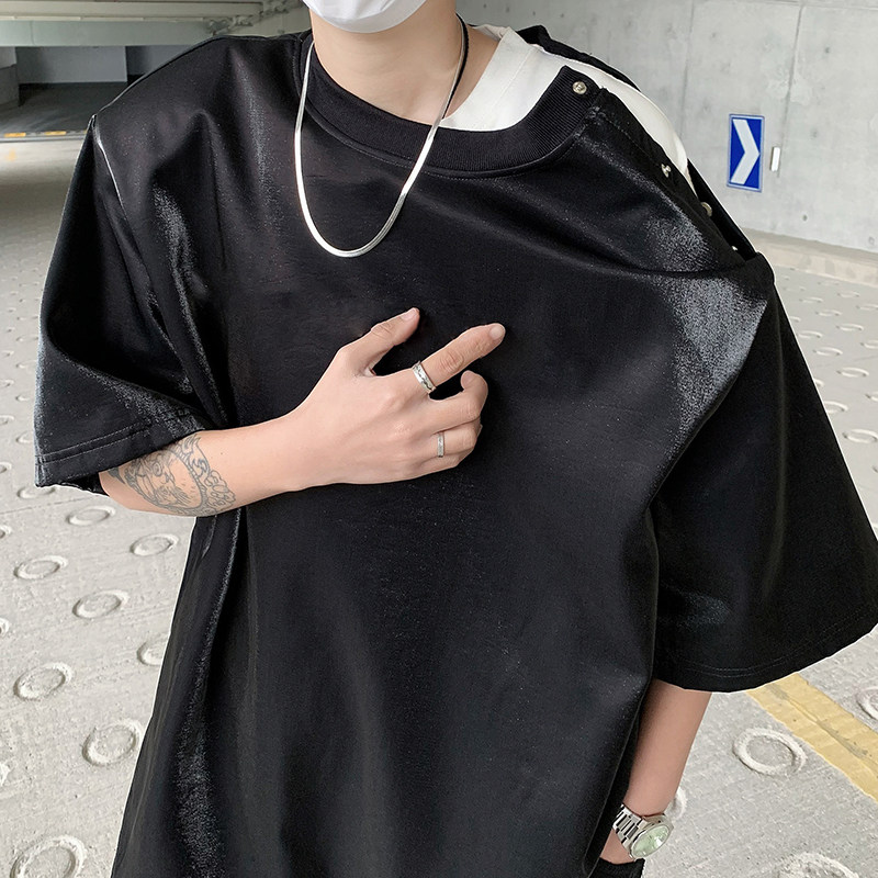 流光垫肩短袖金属纽扣设计感T恤立体纯色半袖上衣B289-H86031-P58,男装T恤,电商B289