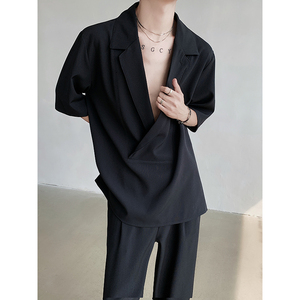 黑色交叉翻领套头短袖衬衫休闲-HB1569-P75 裤子B289-K8567-P55图片