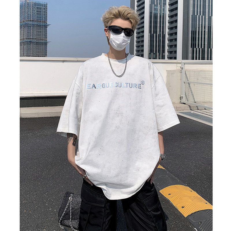 美式重磅水洗做旧满天星宽松短袖T恤百搭男女星空体恤-H86047-P68,男装T恤,电商B289