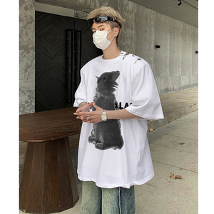 美式垫肩卡通兔子印花短袖T恤拉链设计男女嘻哈半袖-H86088-P68图片