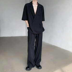夏季高级翻领套头短袖休闲西服套装-HB1569-P75西裤-K8567-P55图片