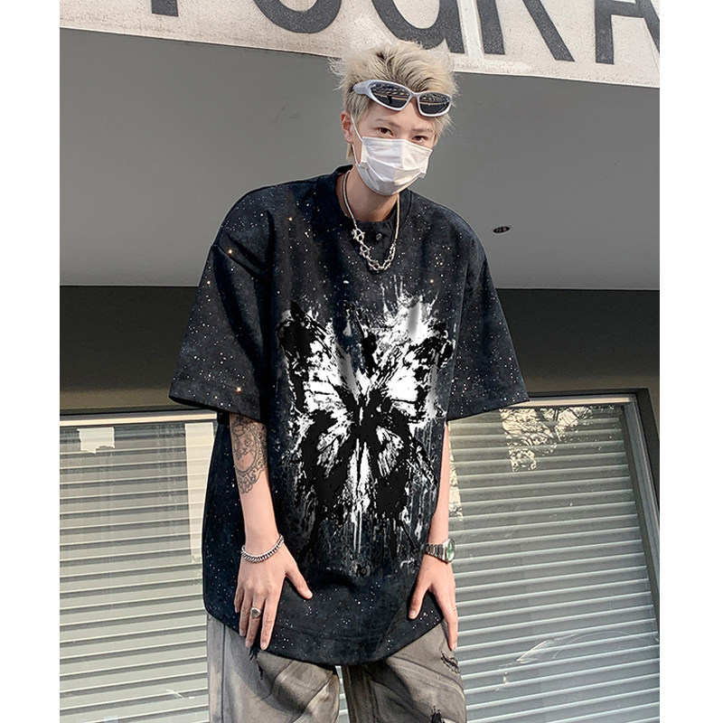 高街重磅水洗做旧满天星垫肩蝴蝶短袖T恤男半袖B289-H86098-P60,男装T恤,电商B289