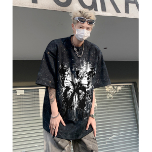 高街重磅水洗做旧满天星垫肩蝴蝶短袖T恤男半袖B289-H86098-P60图片