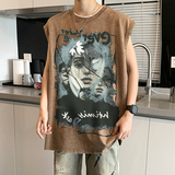 美式做旧水洗背心男大码人物涂鸦印花无袖短袖T恤男B289-BX11-P35，男装背心/马甲，电商B289