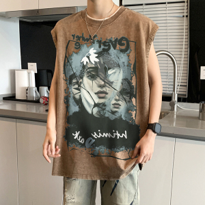 美式做旧水洗背心男大码人物涂鸦印花无袖短袖T恤男B289-BX11-P35,男装背心/马甲,电商B289