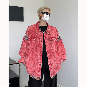 粉色水洗拼接牛仔外套男女情侣棒球服翻领夹克外套B289-NZ146-P98图片