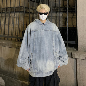 巴黎水洗复古周杰伦同款牛仔连帽宽松卫衣外套潮B289-WY1120-P88图片