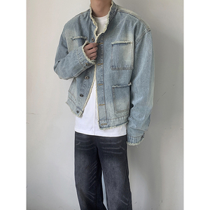 做旧水洗牛仔外套男宽松立领休闲夹克外套B289-JK625-P90图片