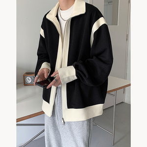 秋冬双拉链设计翻领宽松拼色宽松夹克男女外套B289-JK03-P105图片