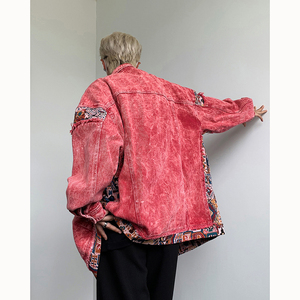 粉色水洗拼接牛仔外套男女情侣棒球服翻领夹克外套B289-NZ146-P98图片